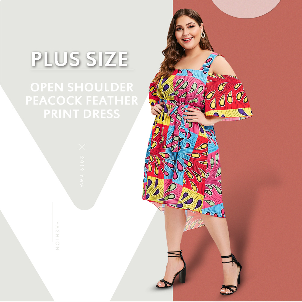 Plus Size Open Shoulder Color Block Printed Dress
