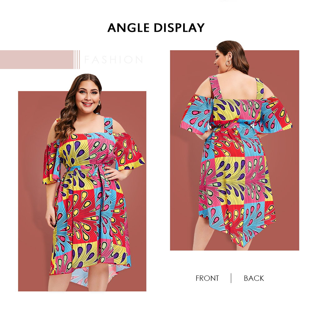 Plus Size Open Shoulder Color Block Printed Dress