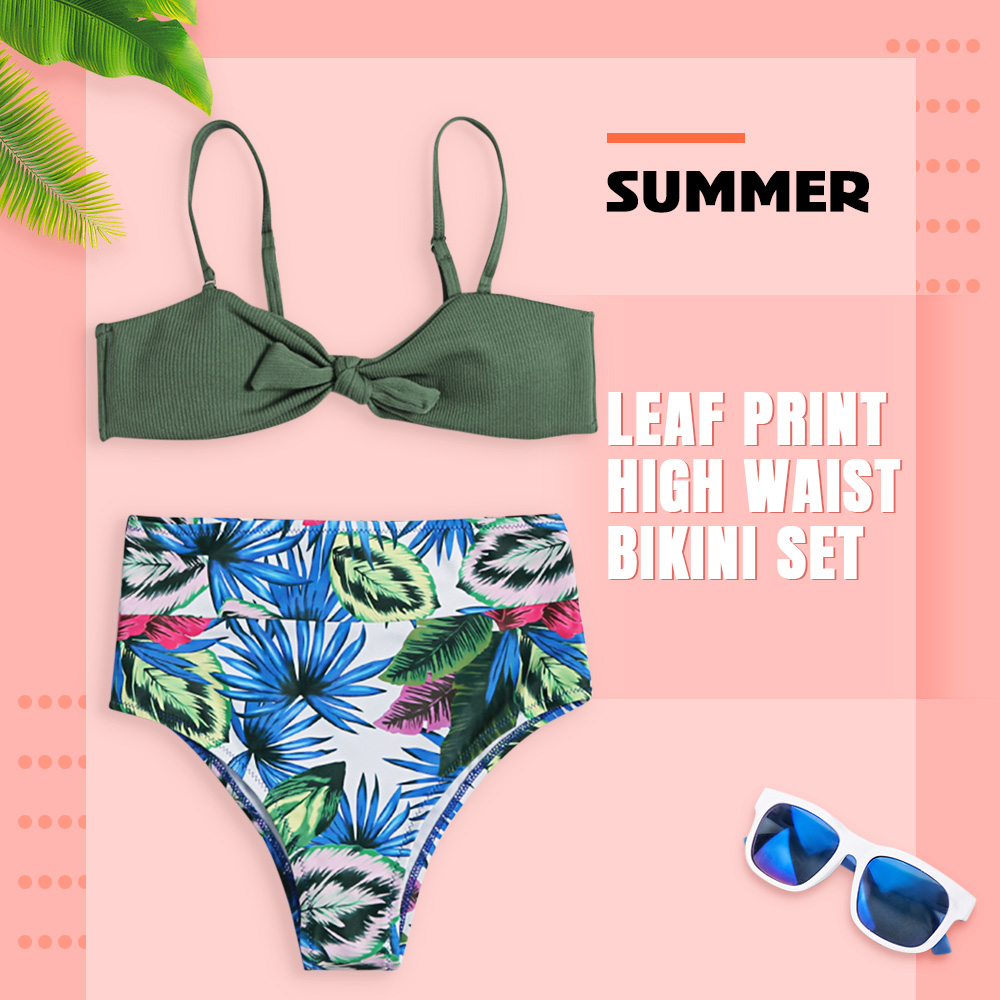 Spaghetti Strap Backless Padded Leaf Print Bowknot High Waist Women Bikini Set