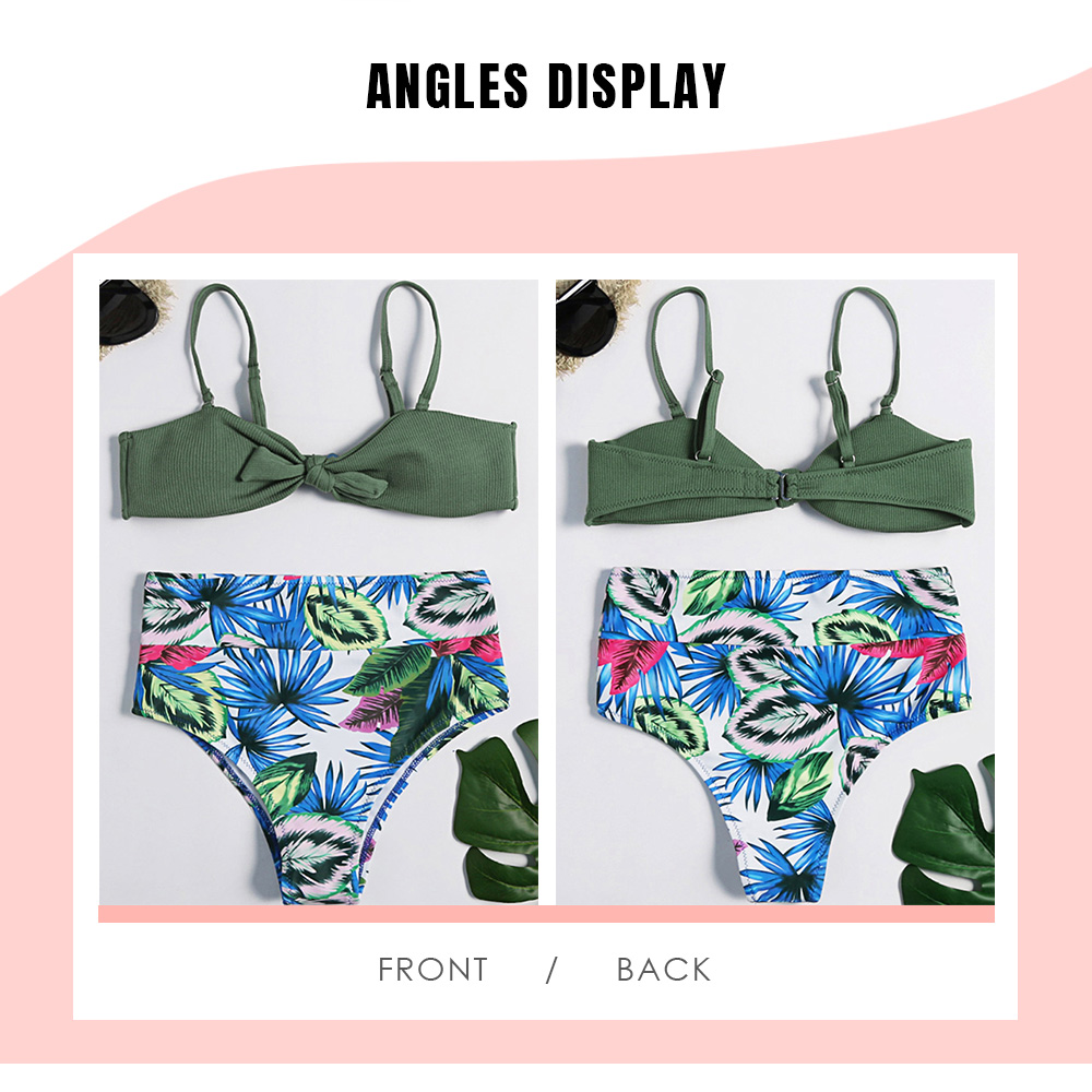 Spaghetti Strap Backless Padded Leaf Print Bowknot High Waist Women Bikini Set