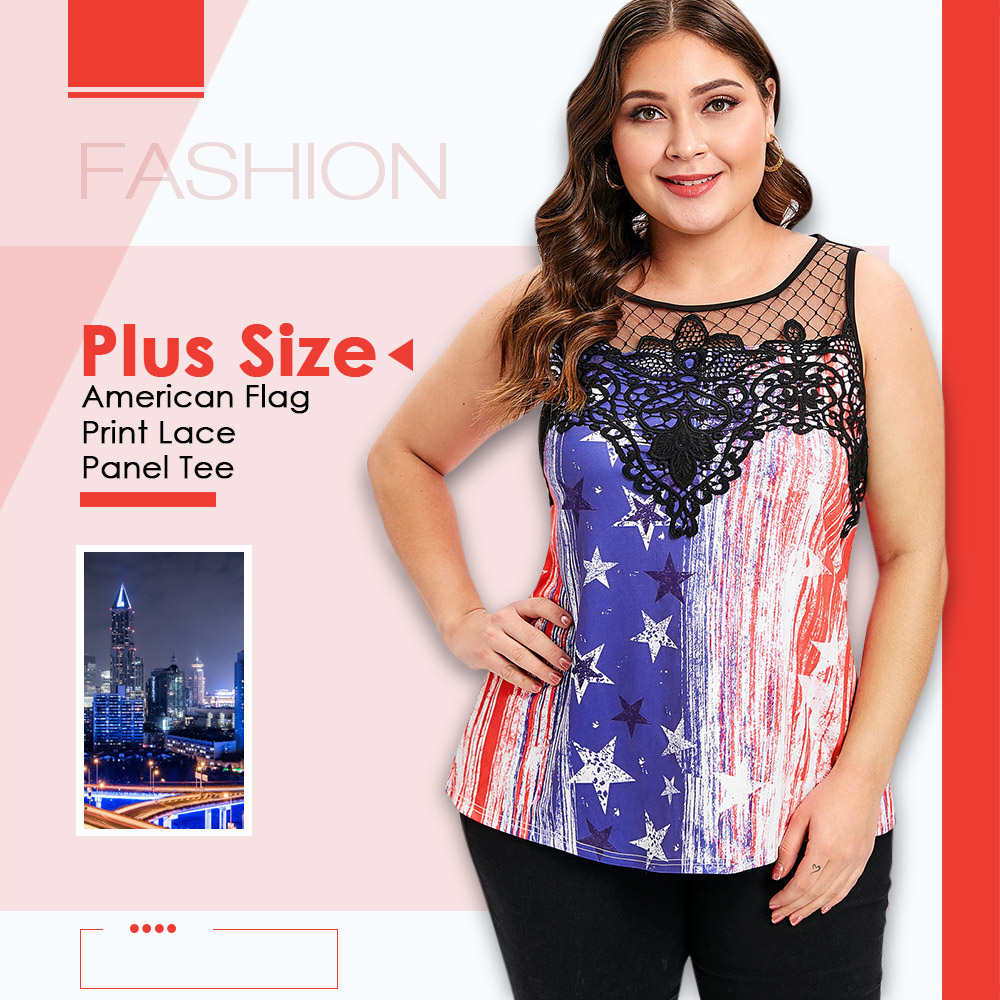 Plus Size American Flag Print Lace Panel Tee