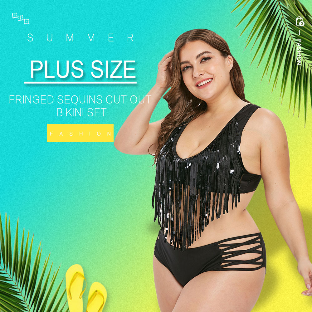 Plus Size Fringed Sequins Cut Out Bikini Set