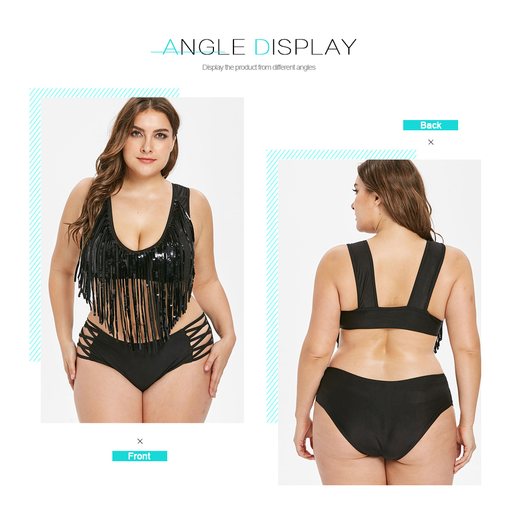 Plus Size Fringed Sequins Cut Out Bikini Set