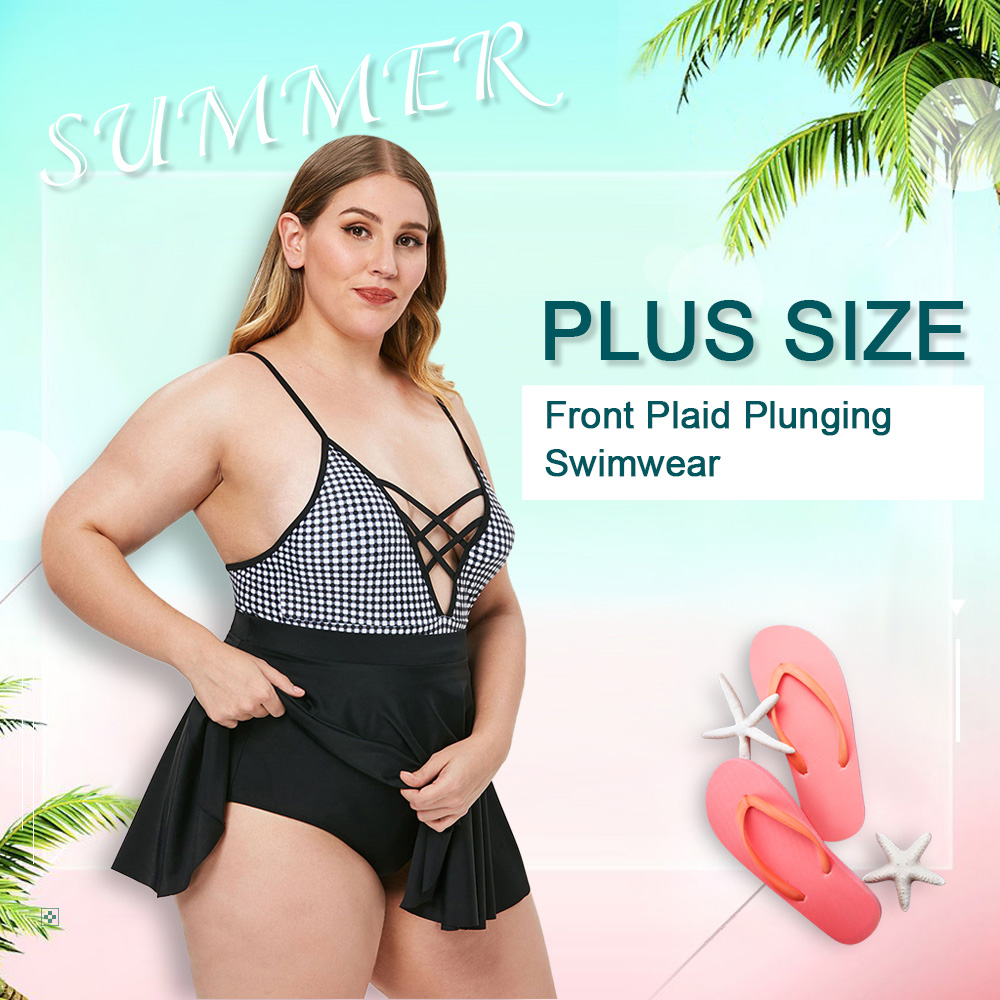 Plus Size Strappy Front Plaid Swimwear