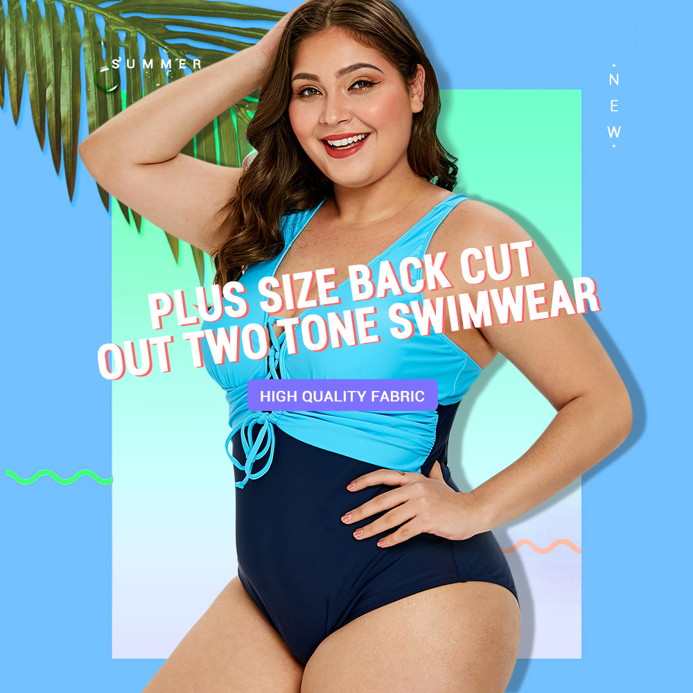 Plus Size Back Cut Out Two Tone Swimwear