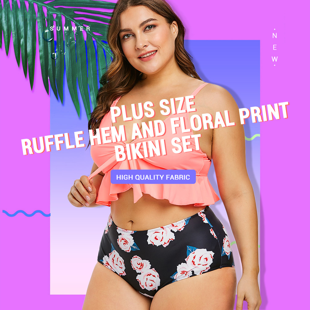 Plus Size Ruffle Hem and Floral Print Bikini Set