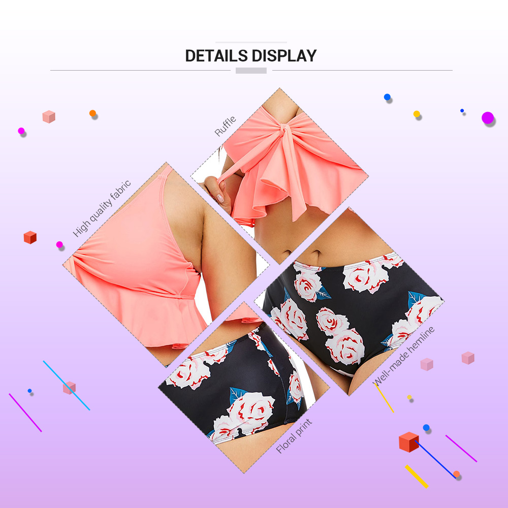 Plus Size Ruffle Hem and Floral Print Bikini Set