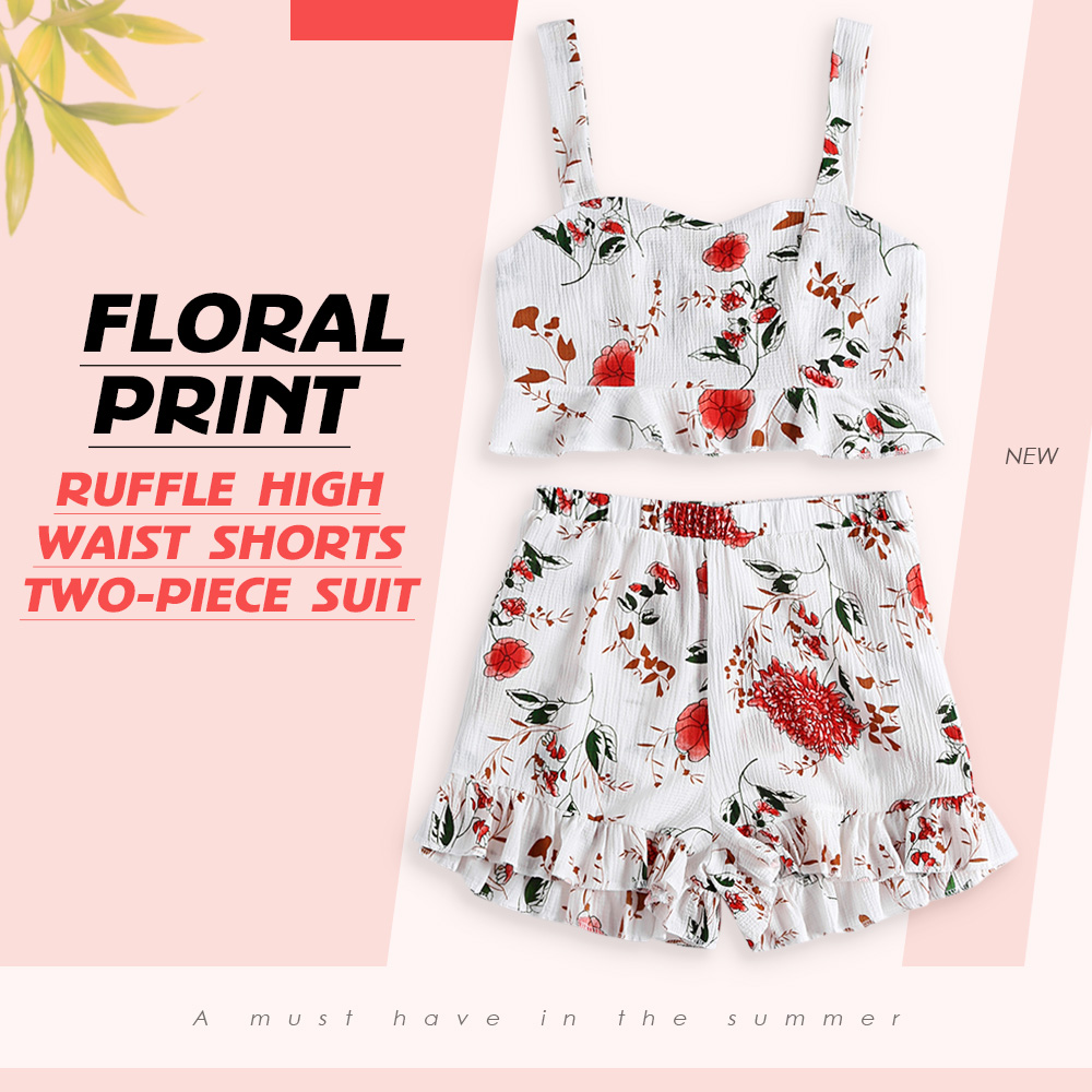 Floral Print Backless Ruffled Crop Top High Waist Shorts Women Two-piece Suit