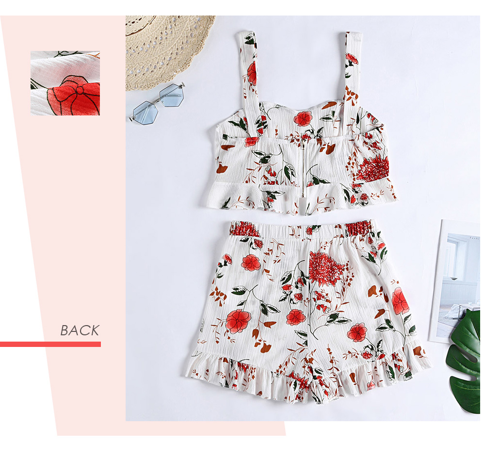 Floral Print Backless Ruffled Crop Top High Waist Shorts Women Two-piece Suit