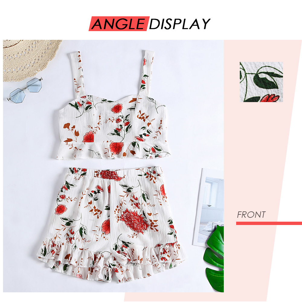 Floral Print Backless Ruffled Crop Top High Waist Shorts Women Two-piece Suit