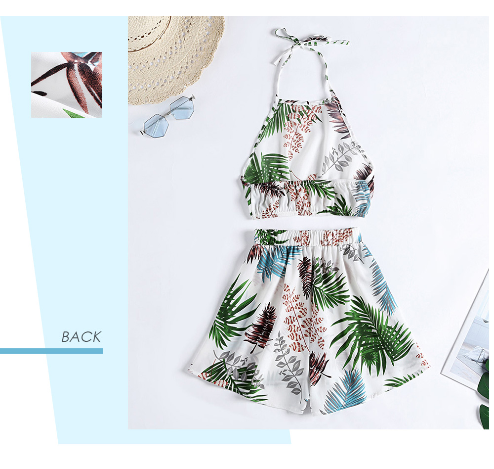 Halter Neck Backless Leaf Print Crop Top High Waist Shorts Women Two-piece Suit