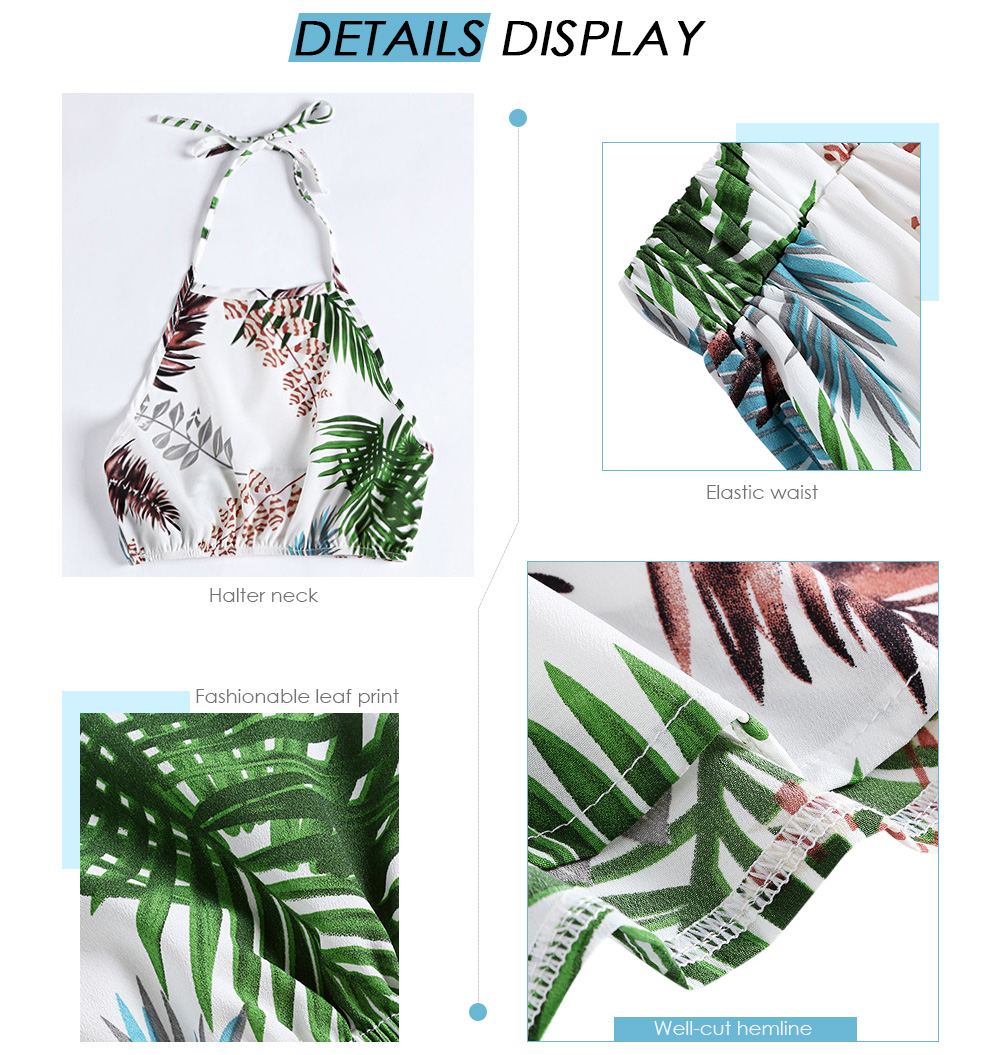 Halter Neck Backless Leaf Print Crop Top High Waist Shorts Women Two-piece Suit