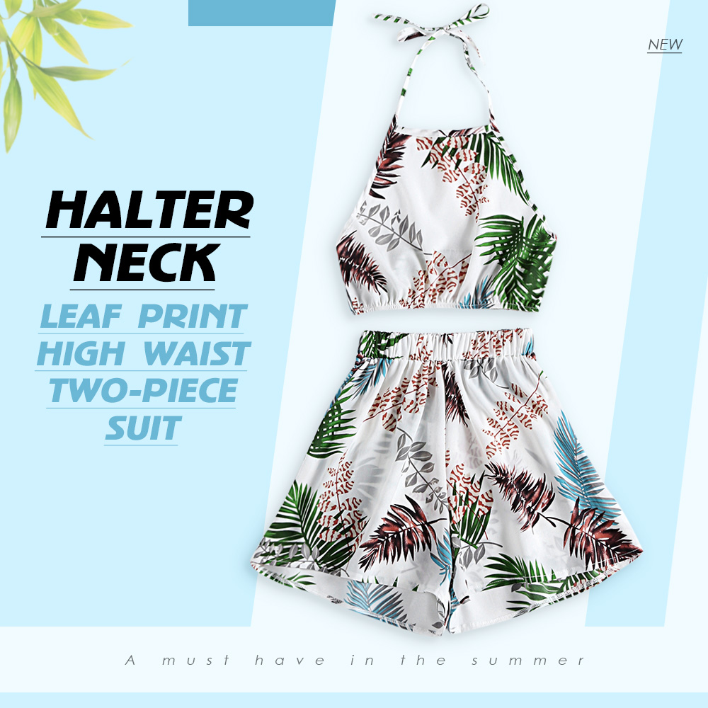 Halter Neck Backless Leaf Print Crop Top High Waist Shorts Women Two-piece Suit