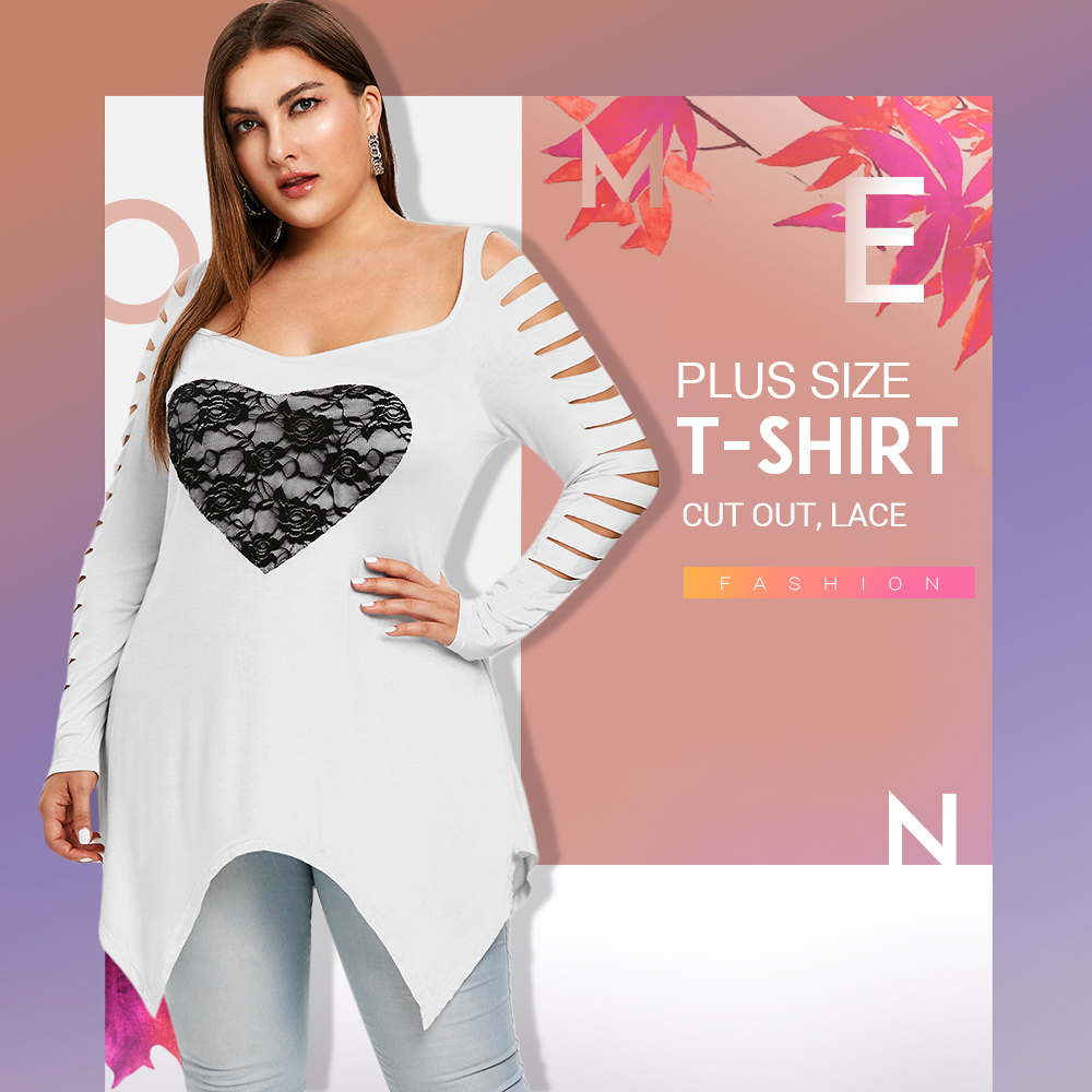 Plus Size Cut Out Lace Heart Pattern Irregular T-shirt