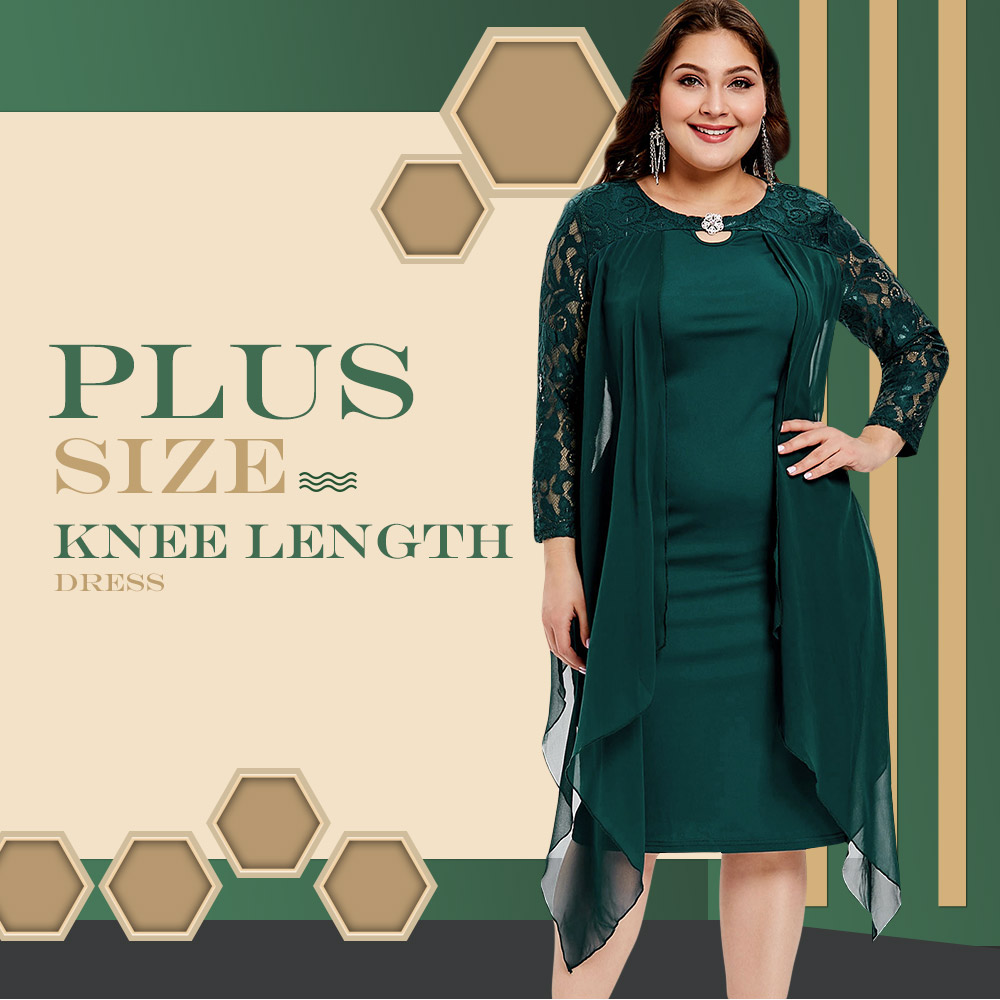 Plus Size Lace Sleeve Knee Length Dress