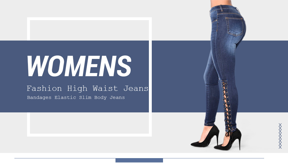 Womens Fashion High Waist Jeans Bandages Elastic Slim Body Jeans