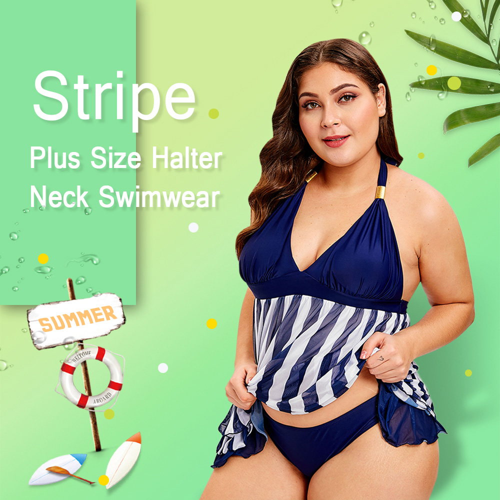 Plus Size Stripe Layered Detail Tankini Set