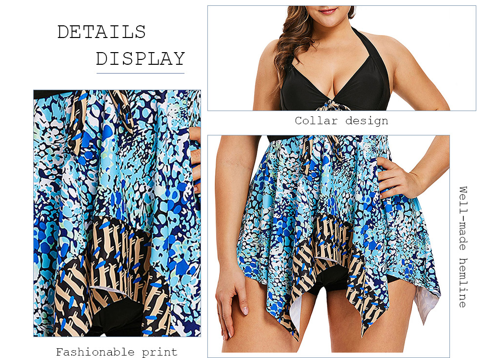 Plus Size Abstract Print Halter Neck Tankini Set