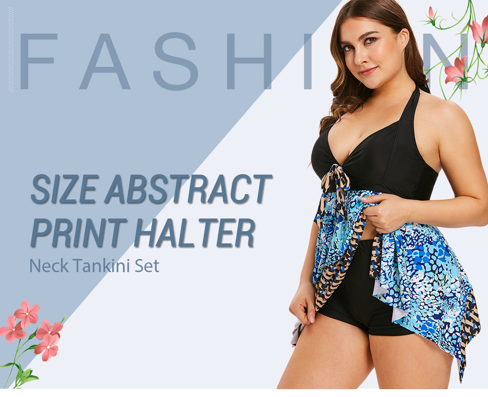 Plus Size Abstract Print Halter Neck Tankini Set