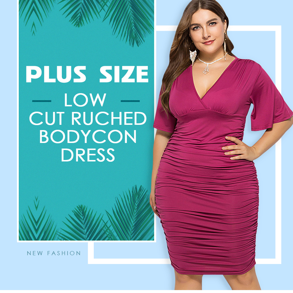 Low Cut Ruched Plus Size Bodycon Dress