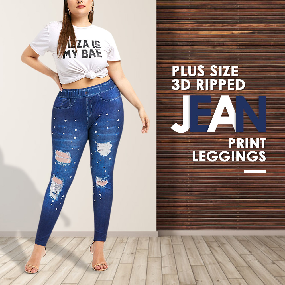 Plus Size 3D Ripped Jean Print Leggings