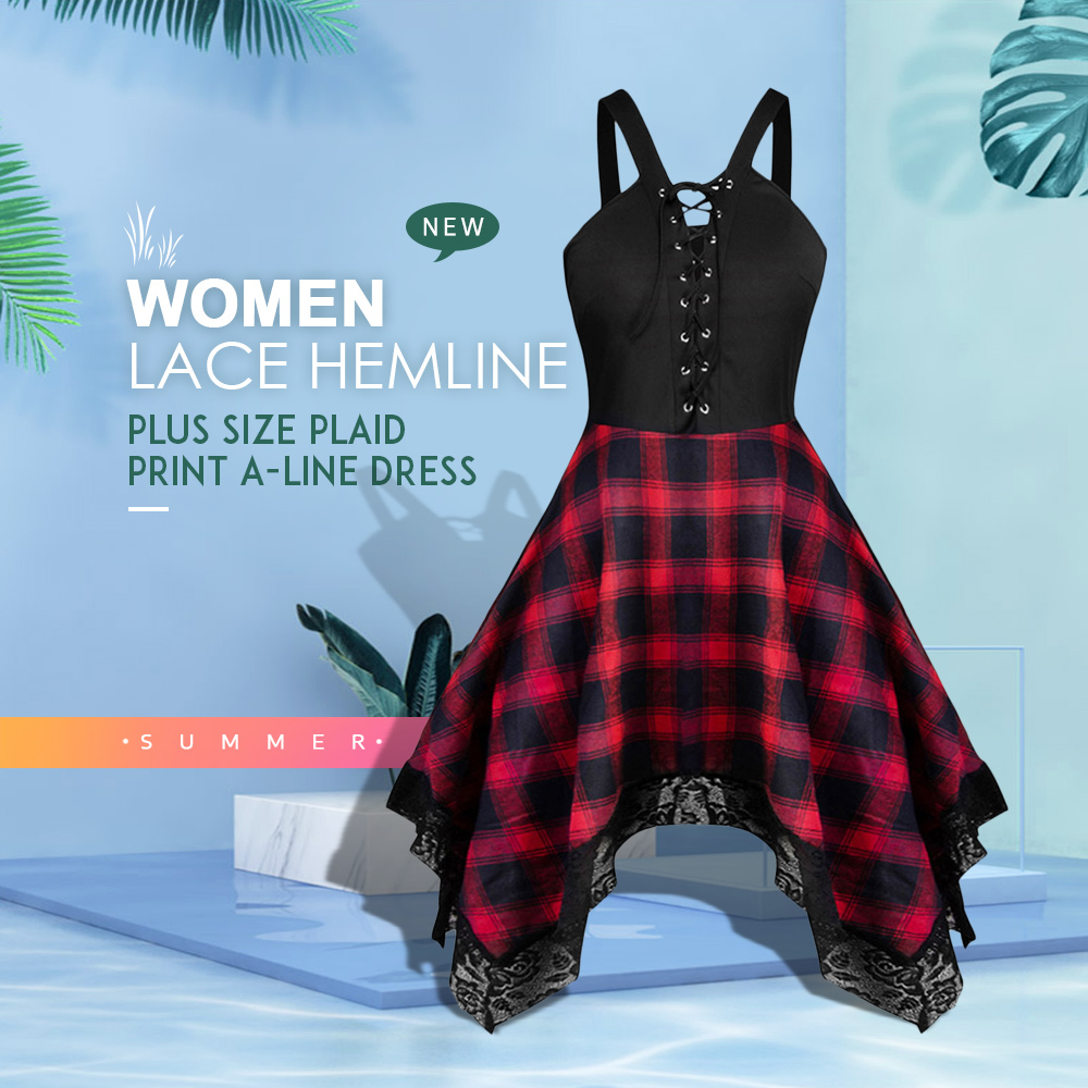 Lace Up Plus Size Plaid Print Vintage Dress