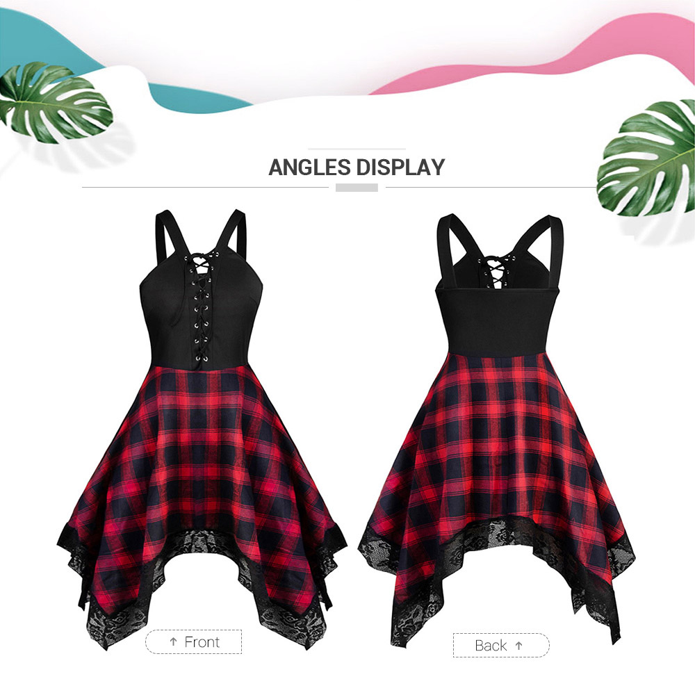 Lace Up Plus Size Plaid Print Vintage Dress