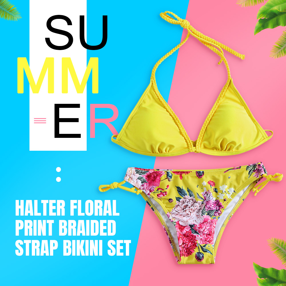 Braided Strap Halter Floral Print Bikini Set