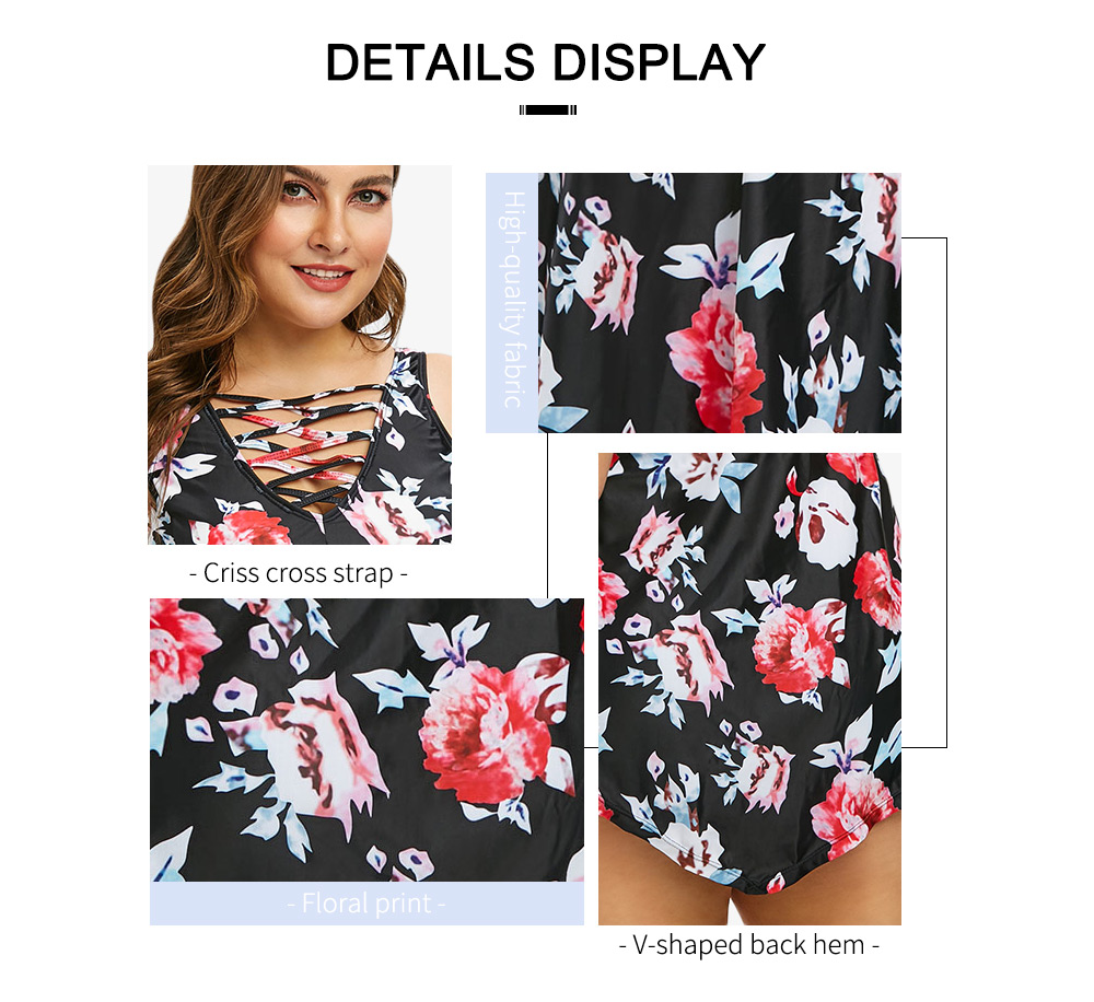 Plus Size Floral Print Criss Cross Peplum Tankini Set