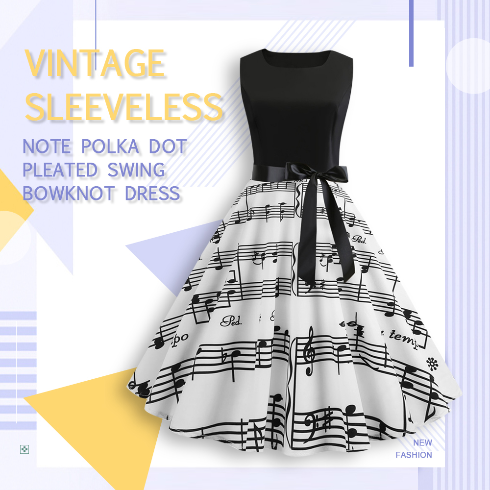 Sleeveless Note Boat Neck Vintage Polka Dot Printed Pleated Swing Bowknot Dress
