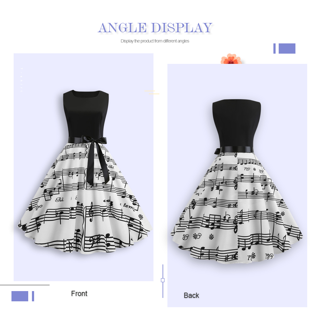 Sleeveless Note Boat Neck Vintage Polka Dot Printed Pleated Swing Bowknot Dress