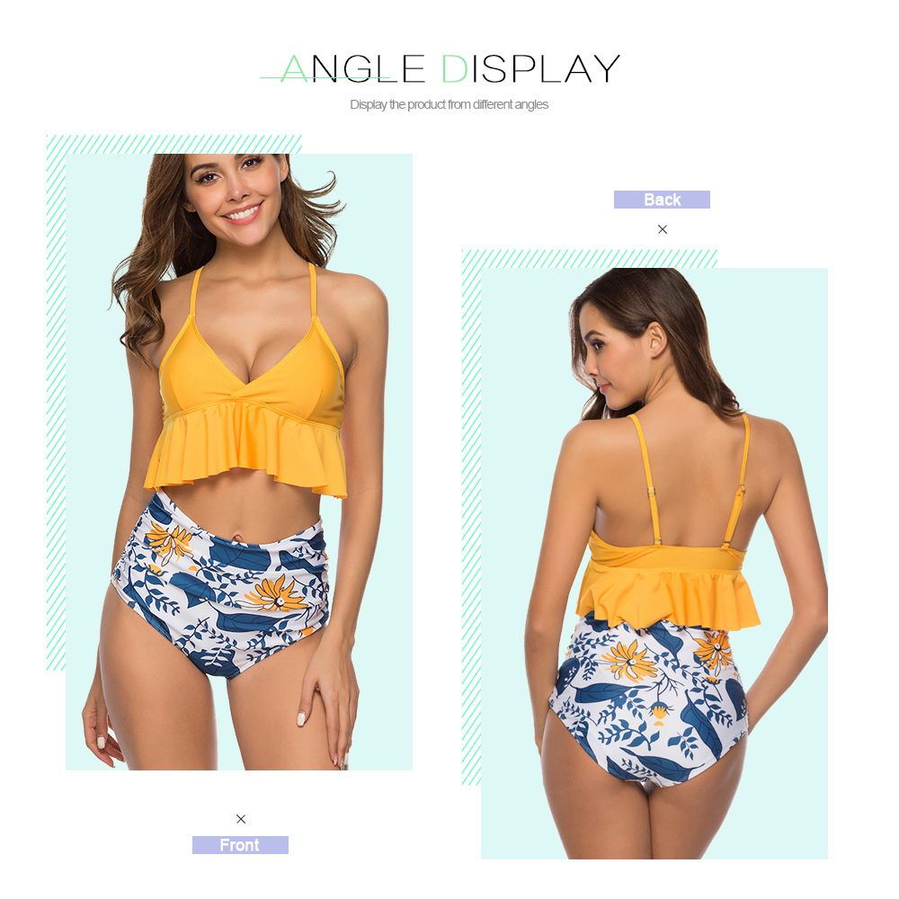 Women Bikini Halter Spaghetti Ruffled Floral Print Swimsuit