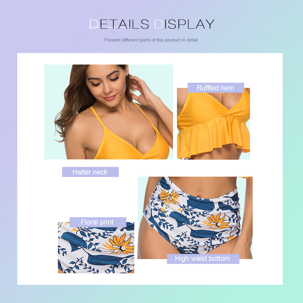 Women Bikini Halter Spaghetti Ruffled Floral Print Swimsuit