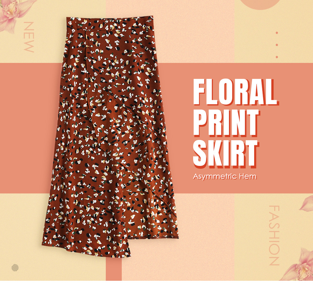 Skirt Asymmetric Hem Floral Print High Waist Split Bottoms for Women Skirt Asymmetric Hem Floral Print High Waist Split Bottoms for Women