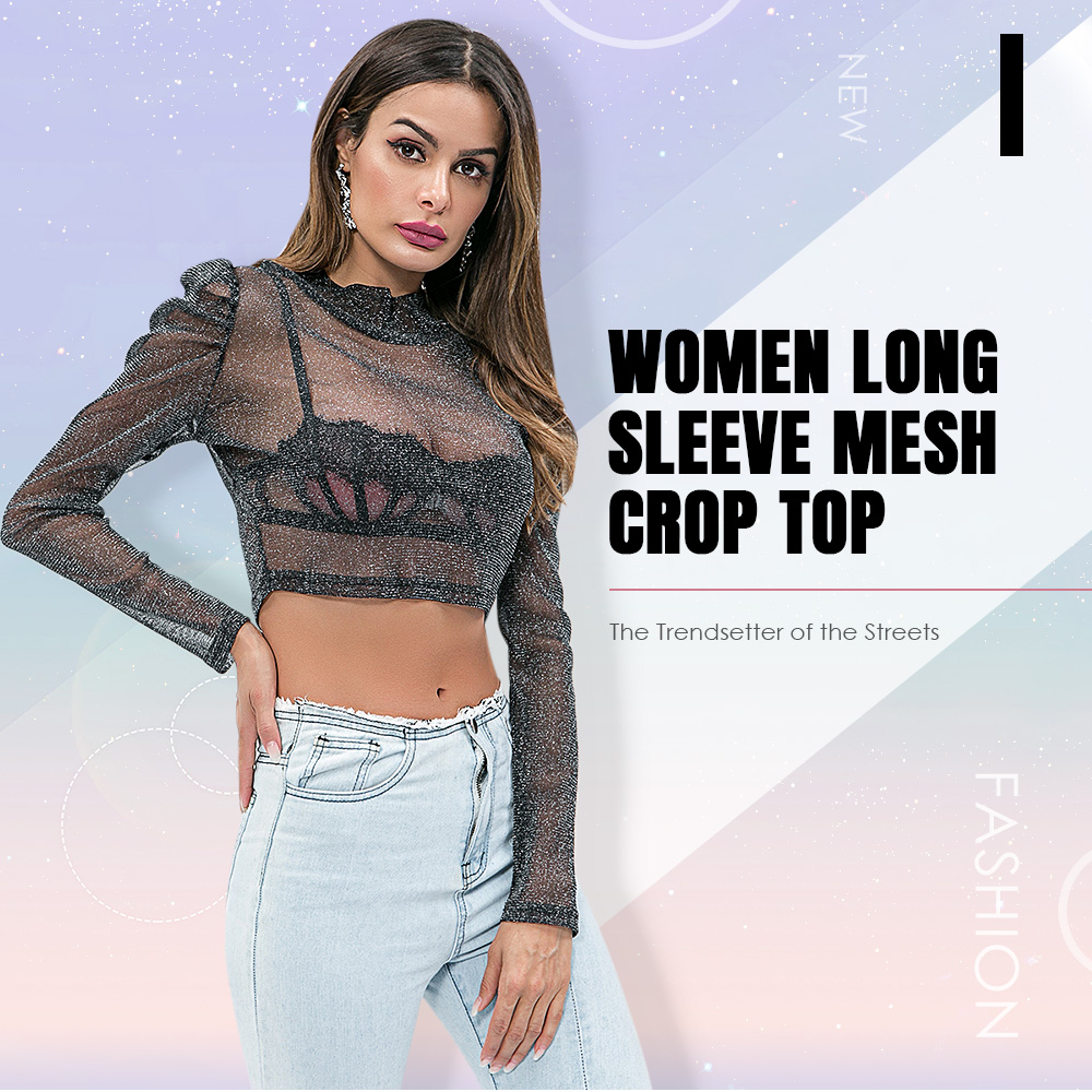 Women Mesh Crop Top Round Neck Long Puff Sleeve T-shirt