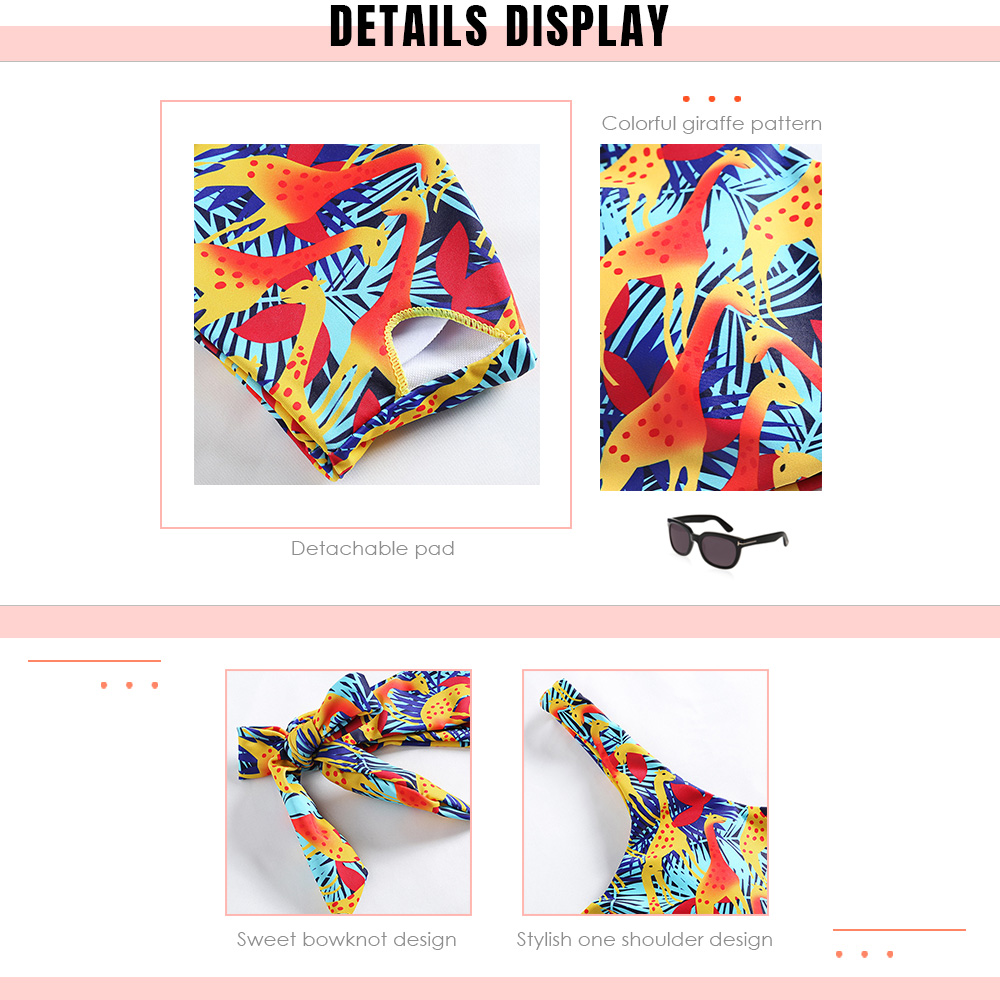 One Shoulder Padded Deer Leaf Giraffe Print Bowknot Low Waist Two-piece Women Bikini Set