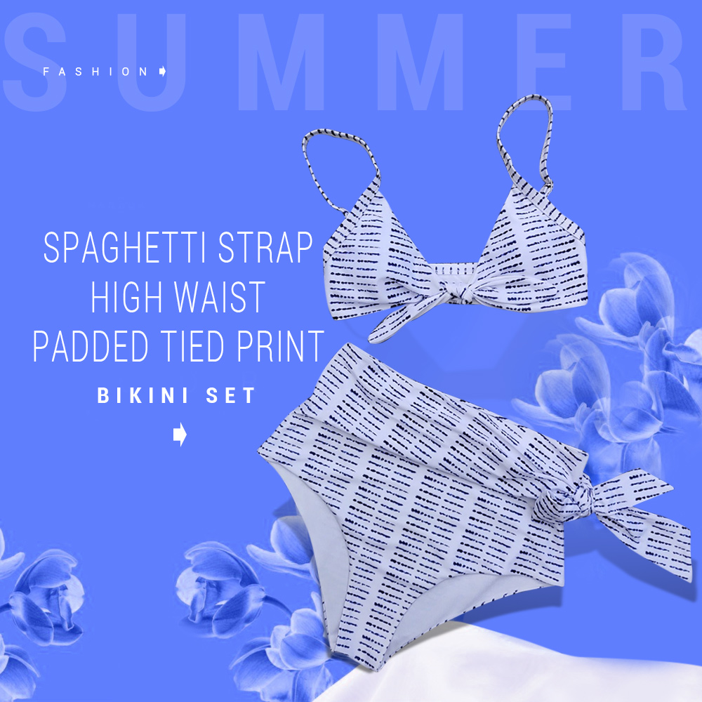 Spaghetti Strap Tied Bowknot High Waist Padded Print Bikini Set