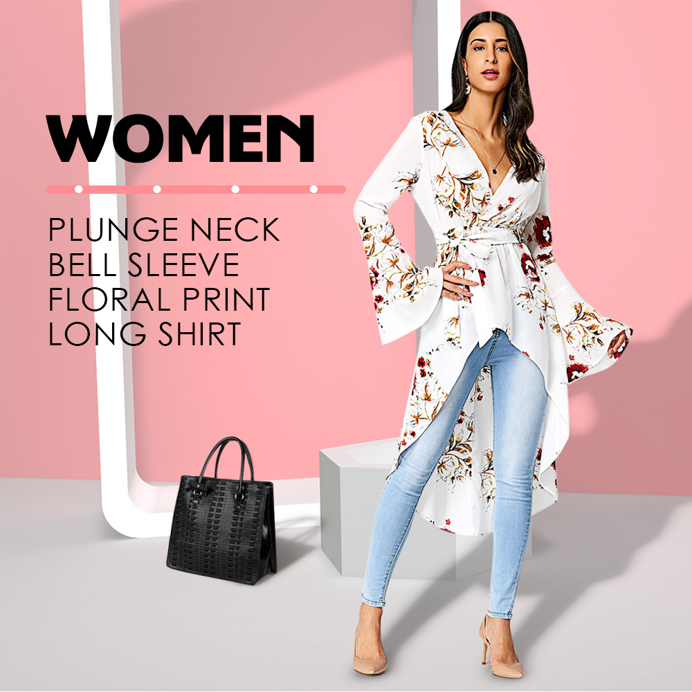 Plunge Neck Bell Sleeve Floral Print Belted Asymmetric High-low Women Long Shirt