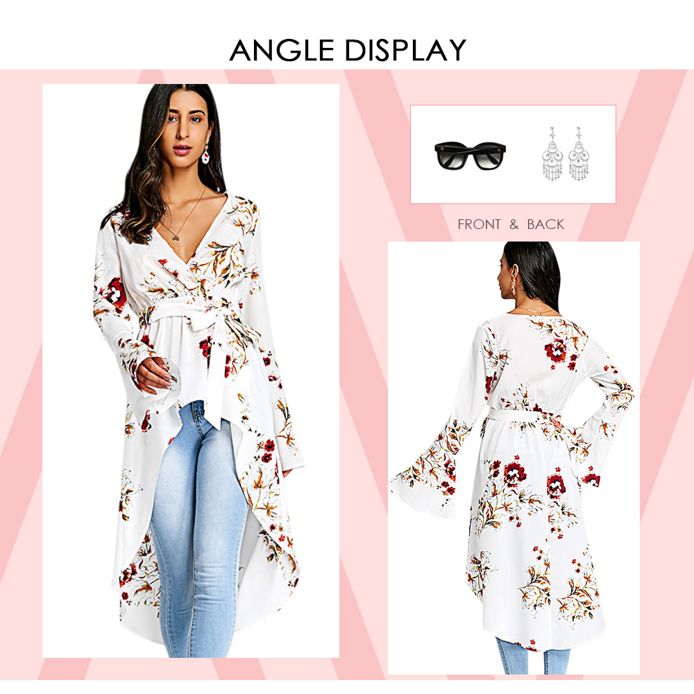 Plunge Neck Bell Sleeve Floral Print Belted Asymmetric High-low Women Long Shirt