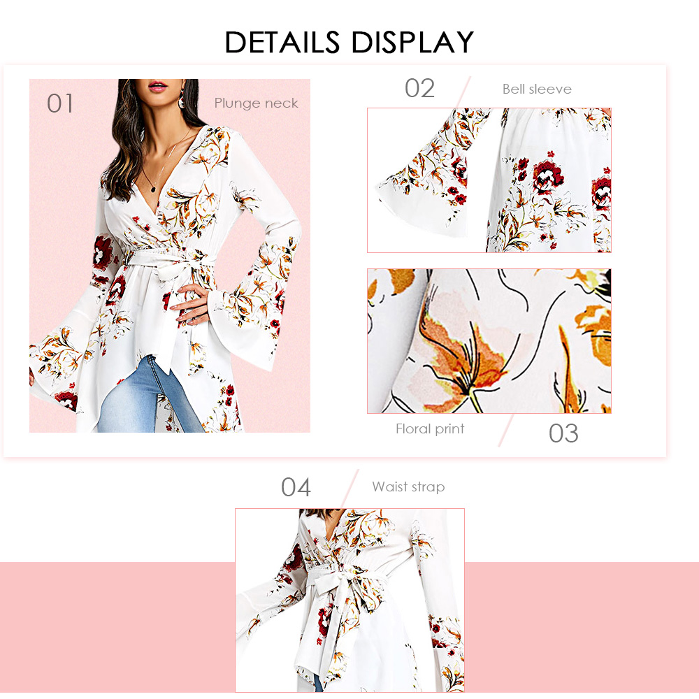 Plunge Neck Bell Sleeve Floral Print Belted Asymmetric High-low Women Long Shirt