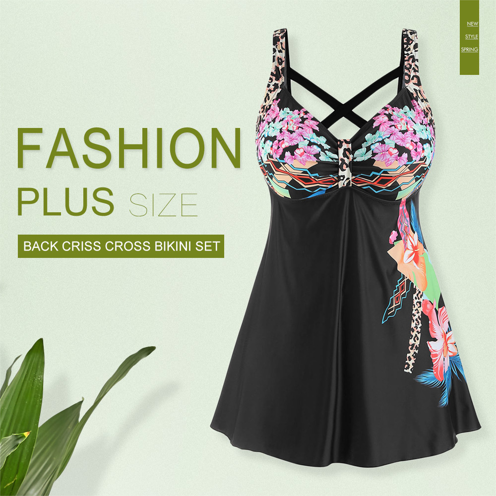 Floral Print Plus Size Back Criss Cross Tankini Set