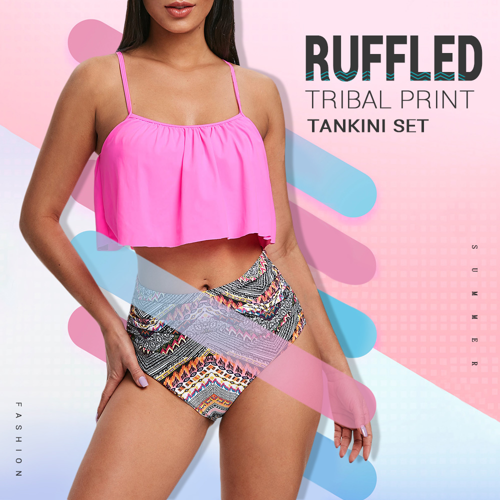 Ruffled Tribal Print Tankini Set