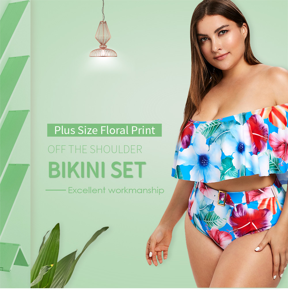 Plus Size Off The Shoulder Floral Print Bikini Set