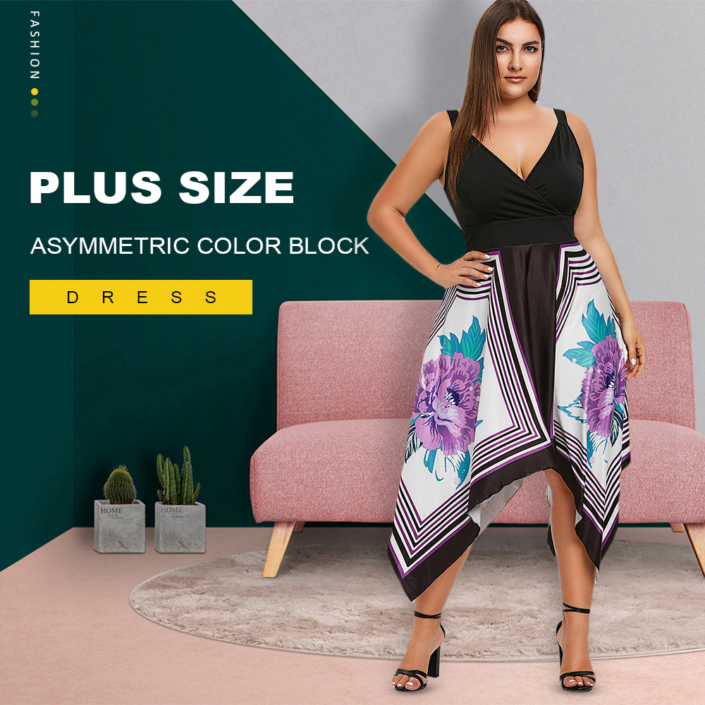 Plus Size Asymmetric Color Block Dress