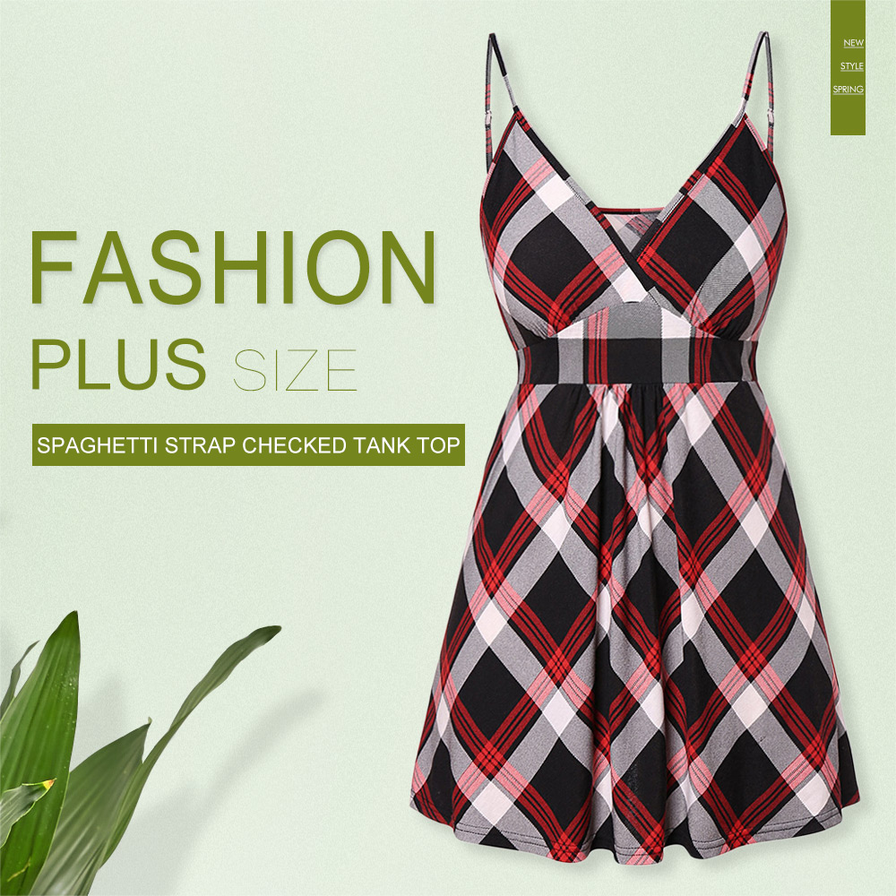 Plus Size Spaghetti Stap Checked Tank Top