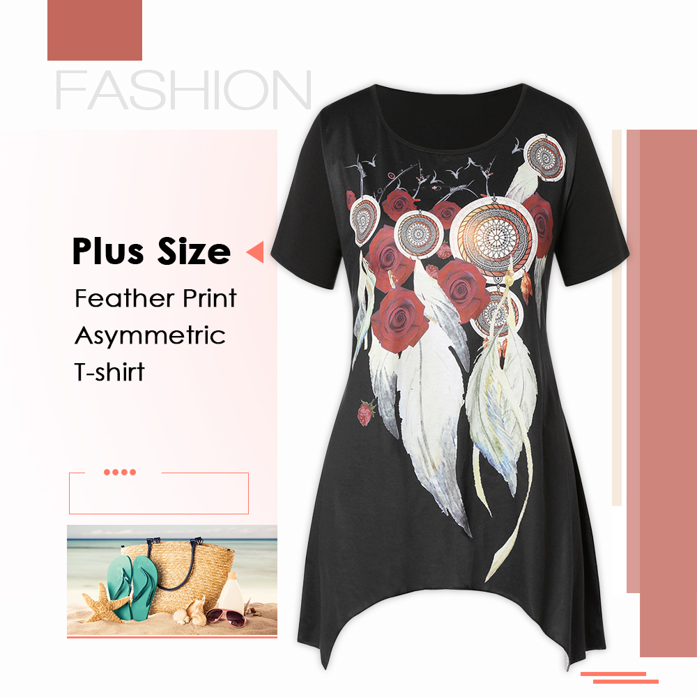 Plus Size Feather Print Asymmetric T-shirt