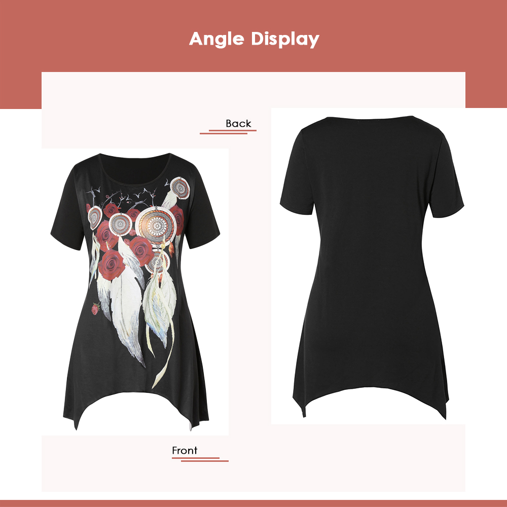 Plus Size Feather Print Asymmetric T-shirt