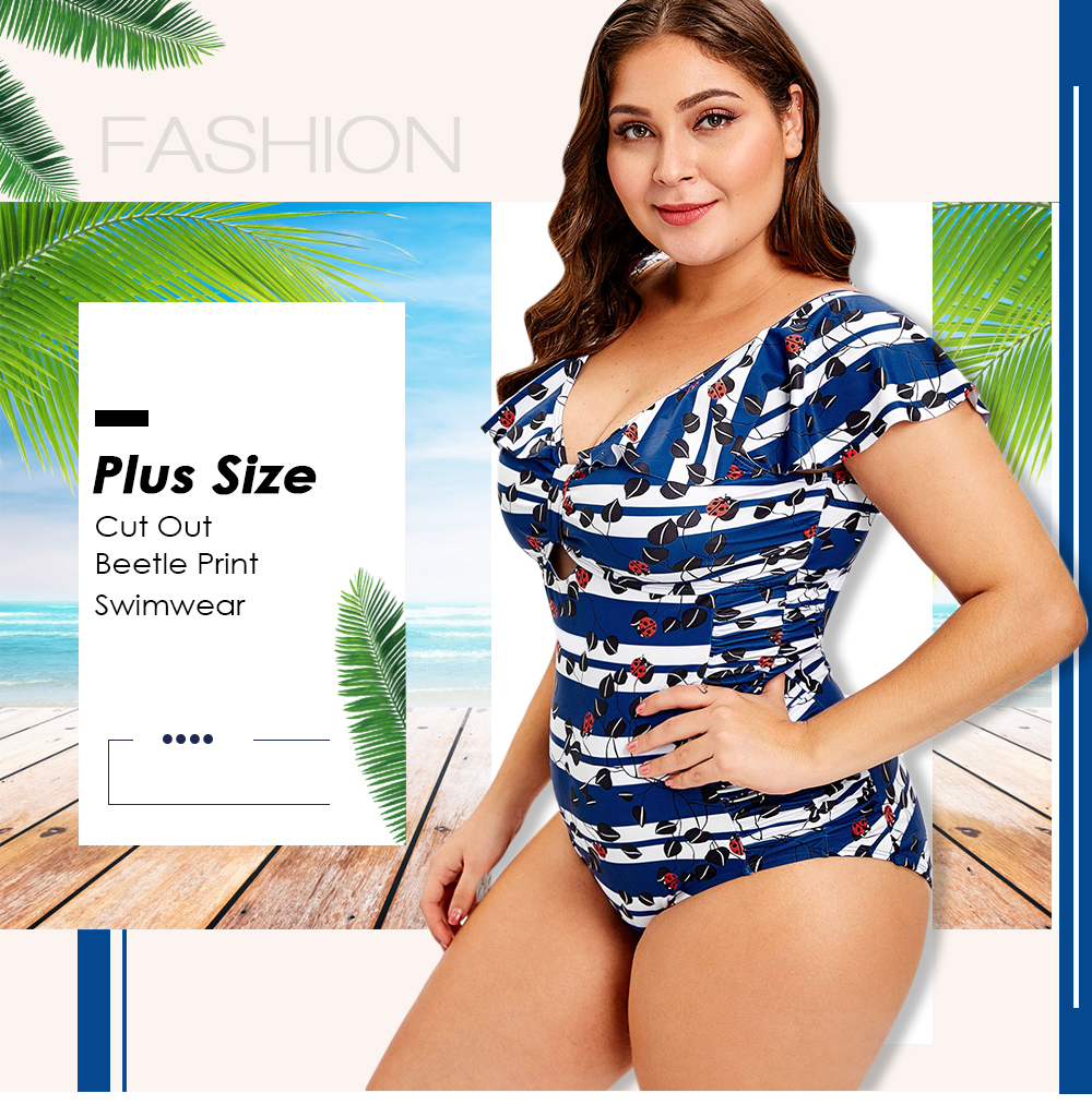 Plus Size Cut Out Beetle Print Swimwear