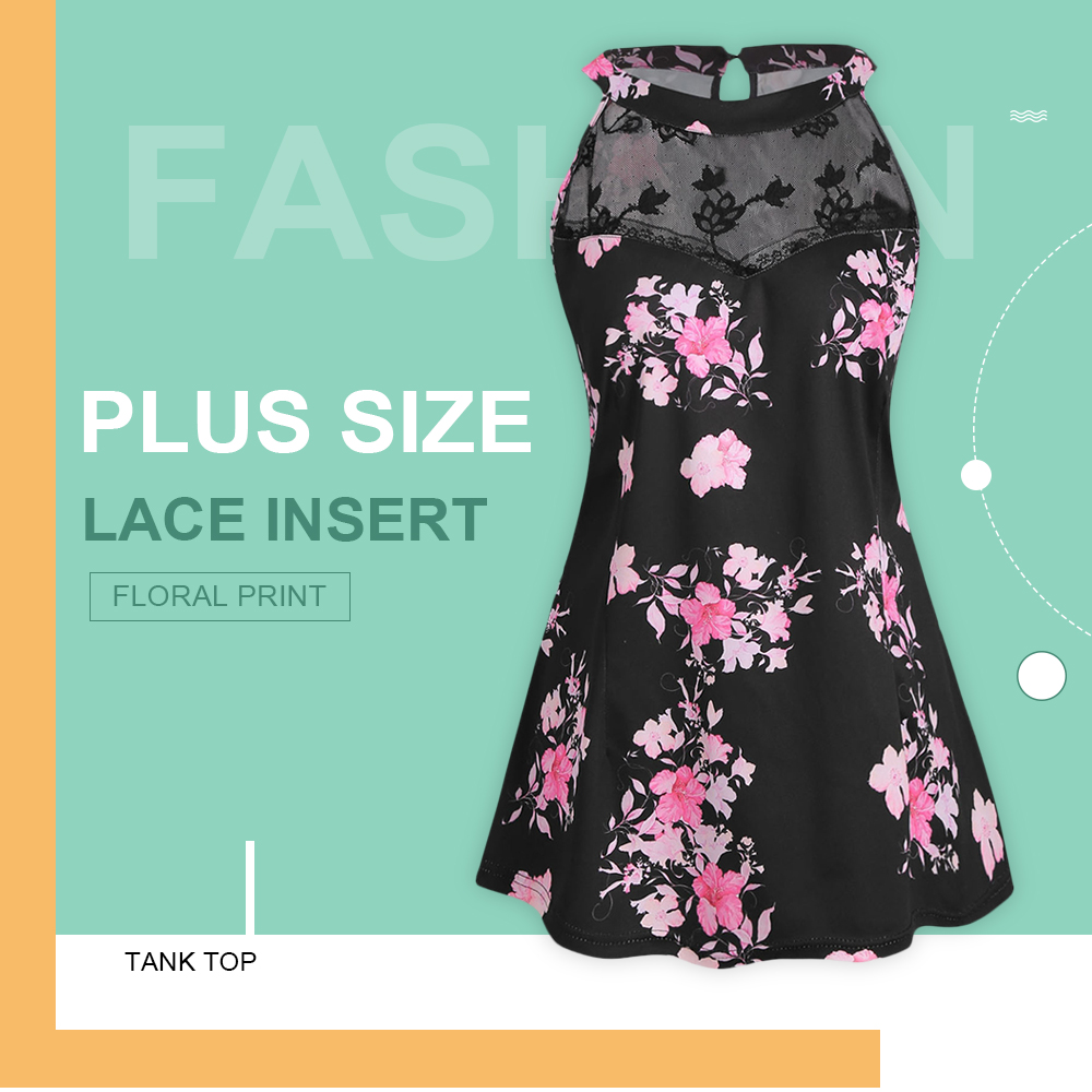 Plus Size Lace Insert Floral Print Tank Top