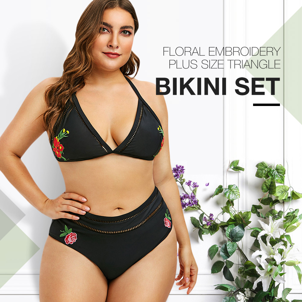 Floral Embroidery Plus Size Triangle Bikini Set